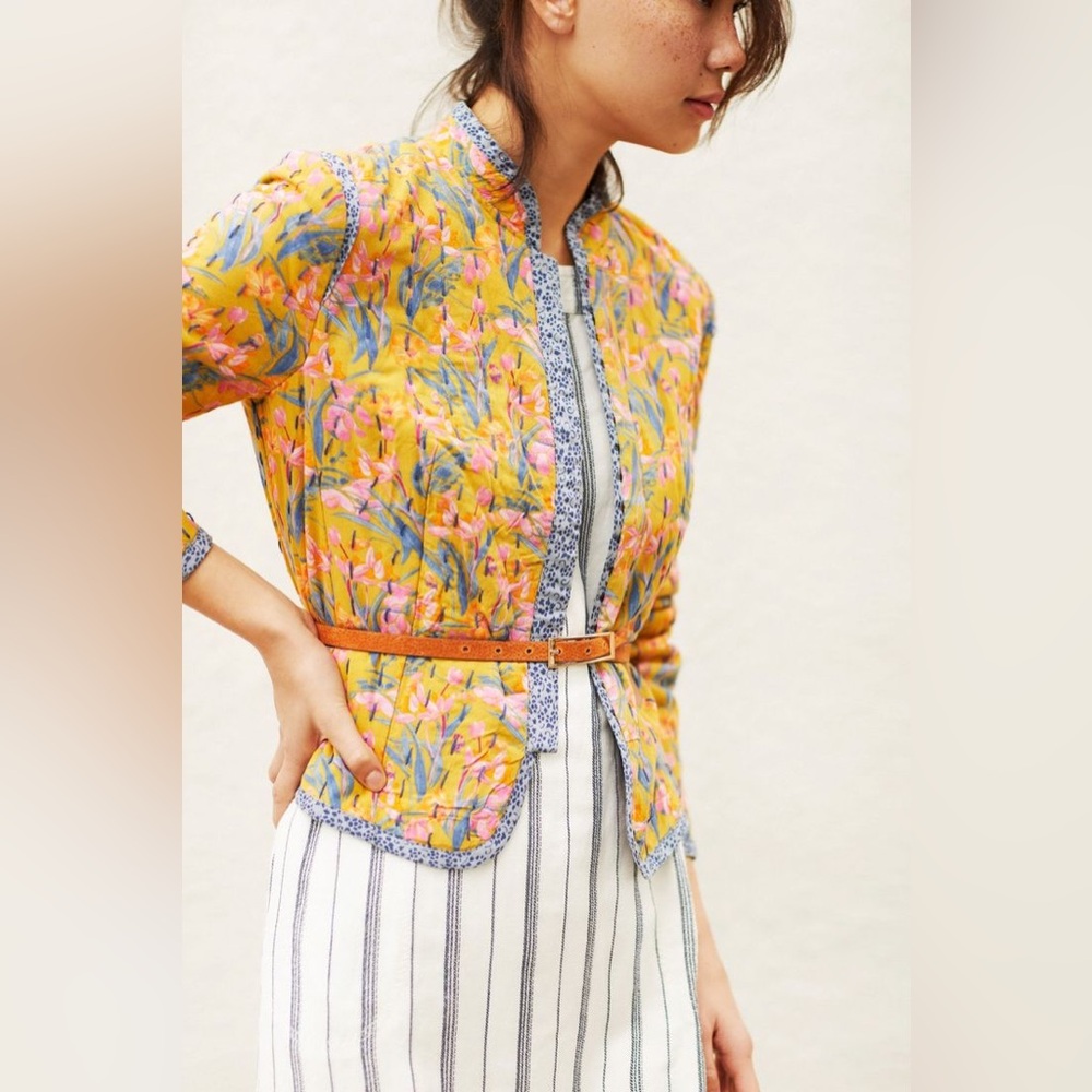Anthropologie Waverly Quilted Jacket – Yellow Floral, Size Medium
